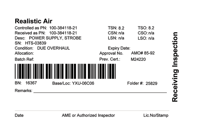 sample image of a WinAir barcode label