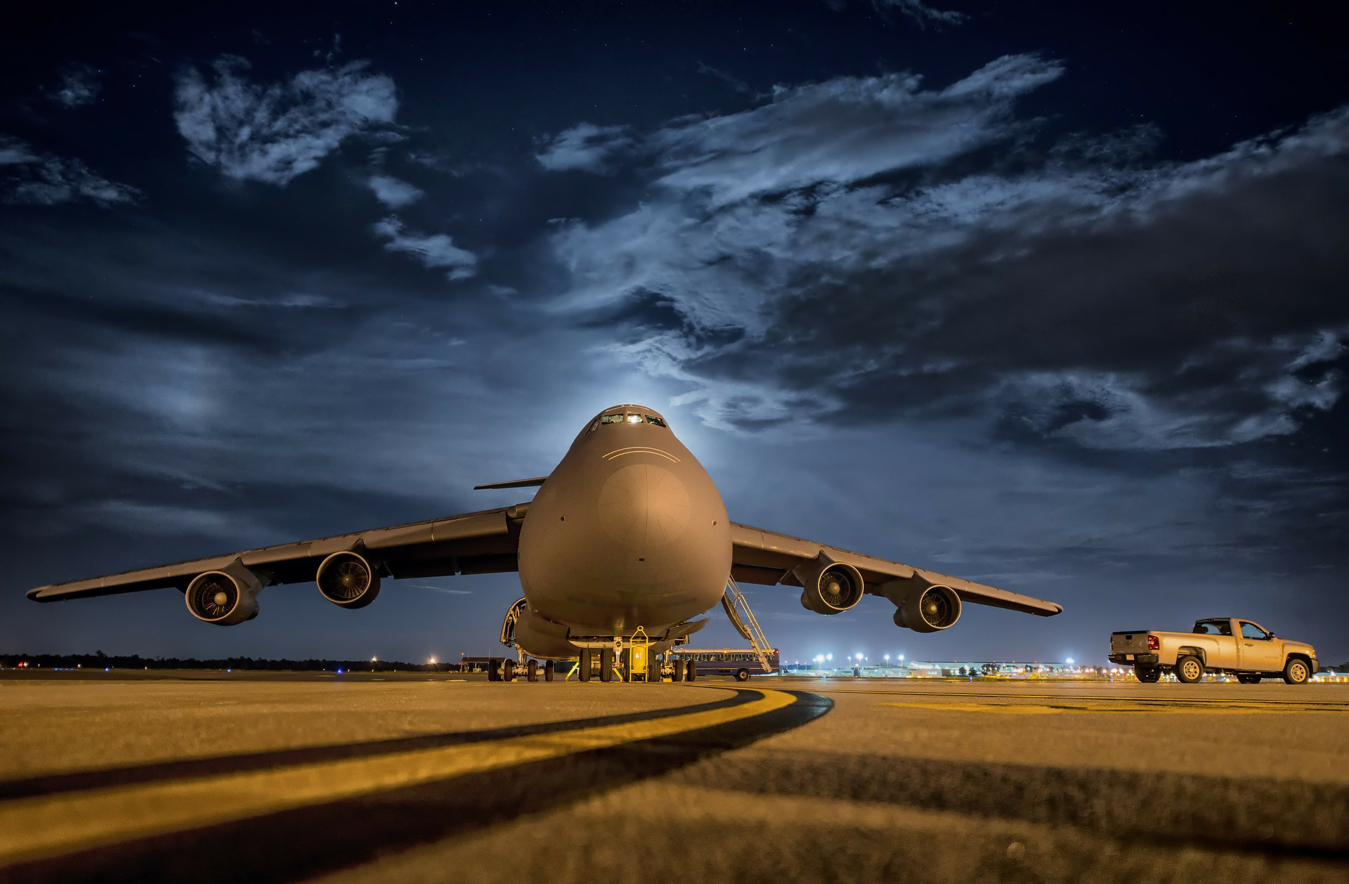 airplane on runway at night