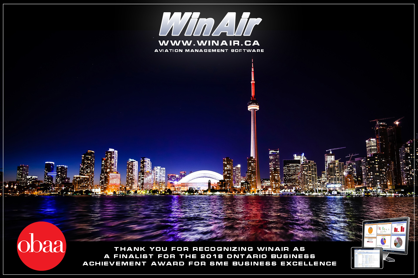 WinAir - Ontario Business Achievement Awards - Thank You Message with image of Toronto skyline