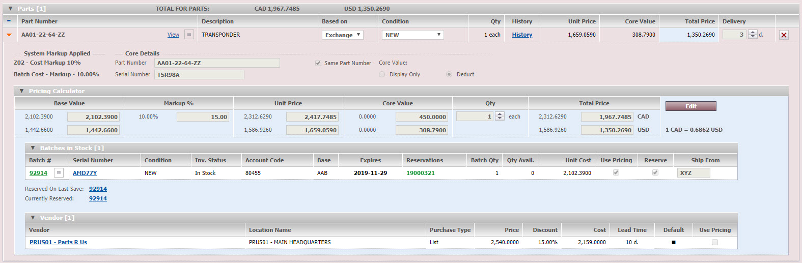 WinAir - Part Sales Module - Pricing Calculator