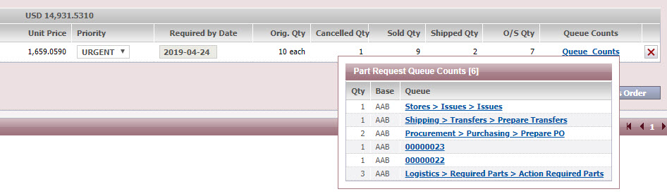 WinAir - Part Sales - Outstanding Orders - Part Request Queue Counts Pop-up