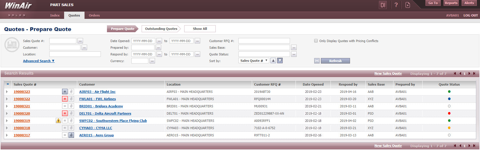 WinAir - Part Sales - Prepare Quote Page