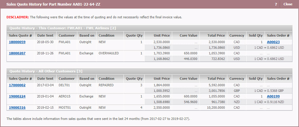 WinAir - Part Sales - Sales Quote History Dialog