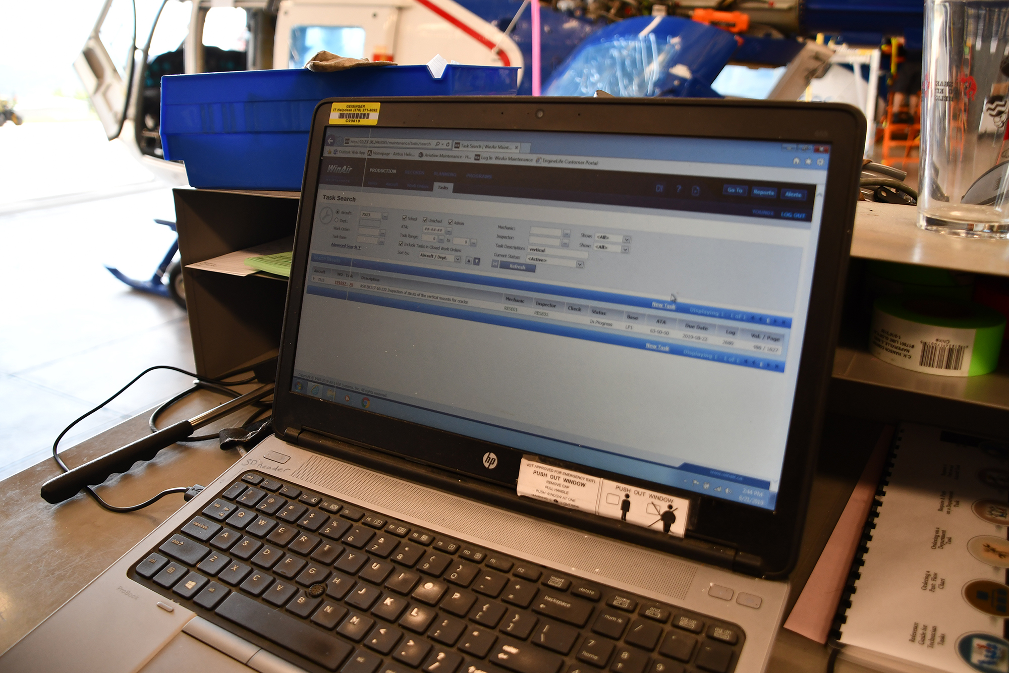 Computer Monitor Displaying WinAir Version 7 at Geisinger Life Flight's helicopter maintenance facility