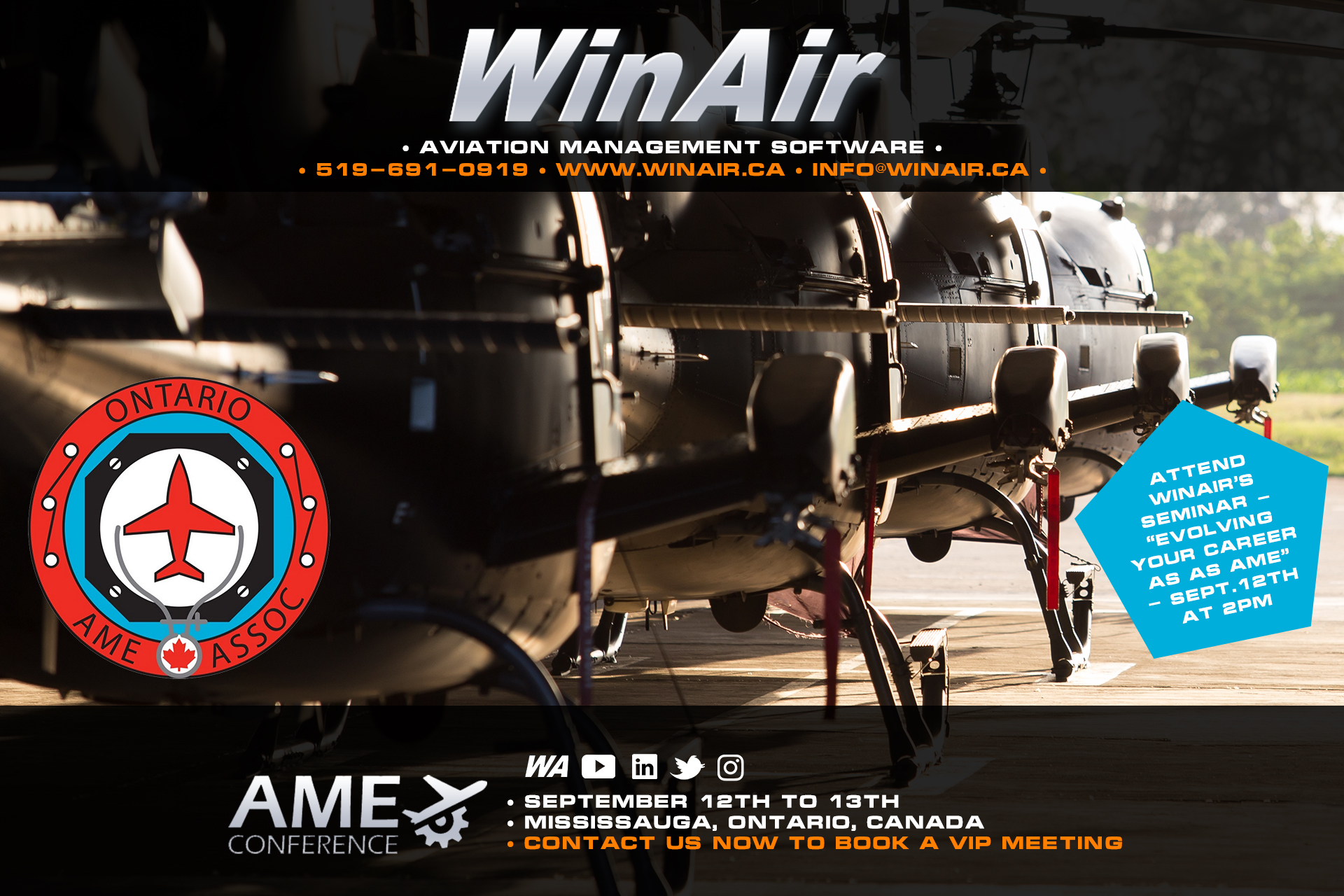 WinAir - 2019 Ontario AME Conference - Evolving Your Career as an AME - Promotional Image in Aircraft Hangar