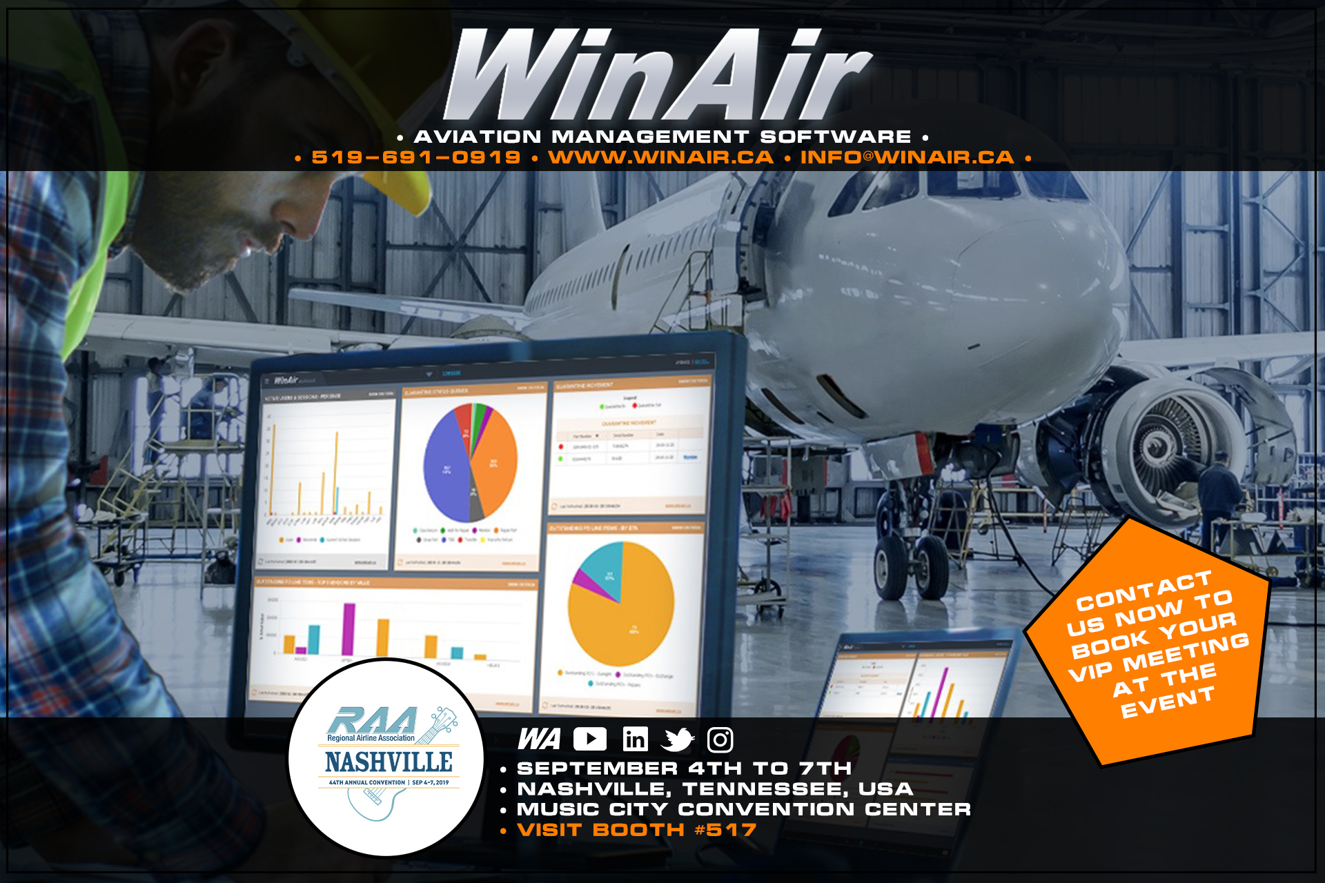 WinAir - 2019 Regional Airline Association 44th Annual RAA Convention - Aviation Management Software - WinAir dashboards displayed in aircraft hangar