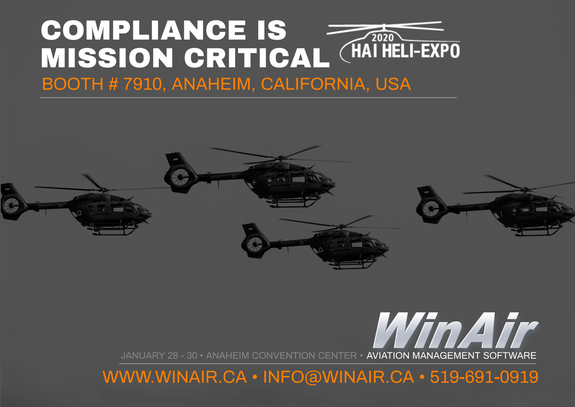 WinAir - HAI Heli-Expo 2020 Promotional Image with helicopters - Booth 7910 - Aviation Management Software - Compliance is Mission Critical