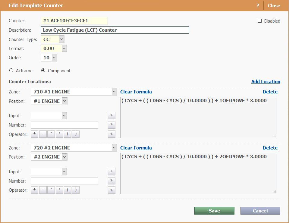 A complex counter in edit mode in WinAir Version 7 presenting formulas for position-specific counters on a Leonardo AW139 helicopter