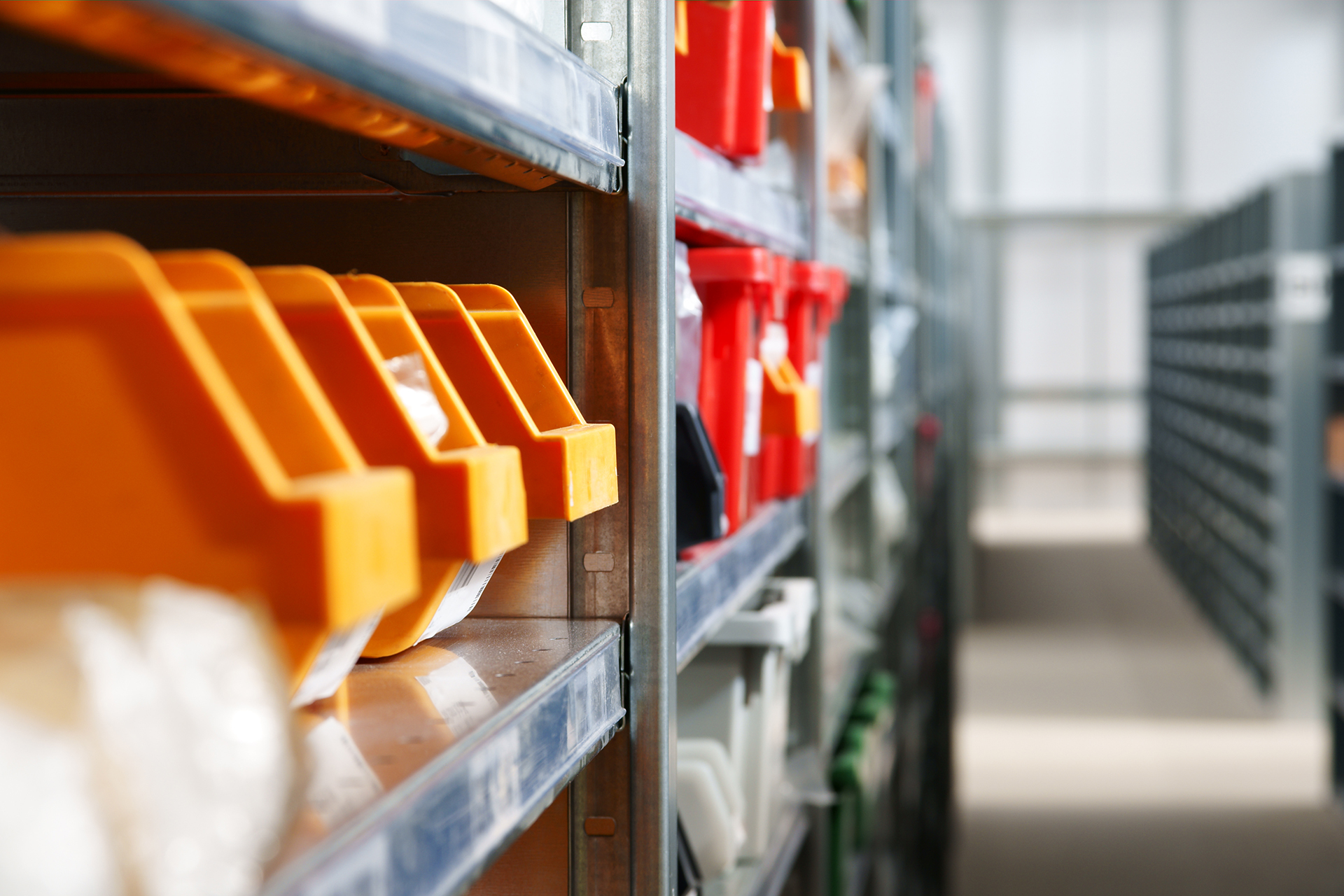 Storage bins for parts and components at an aviation operation