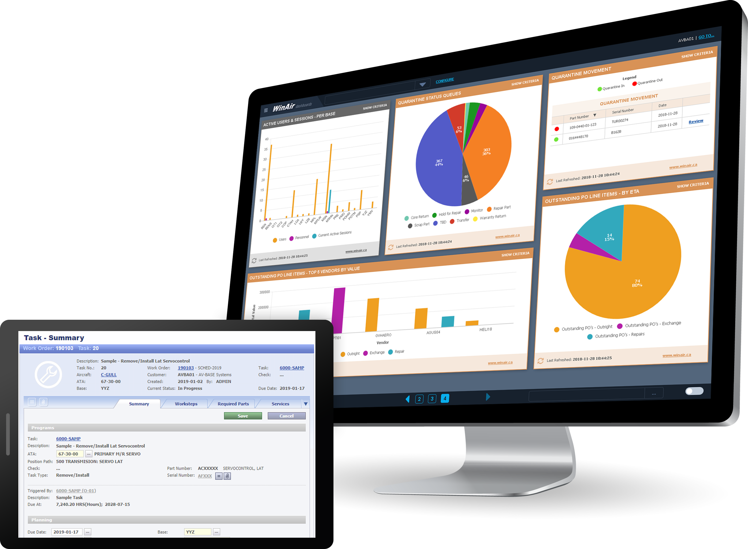 WinAir Version 7 task card summary screen displayed on tablet and Dashboards displayed on desktop computer – © WinAir