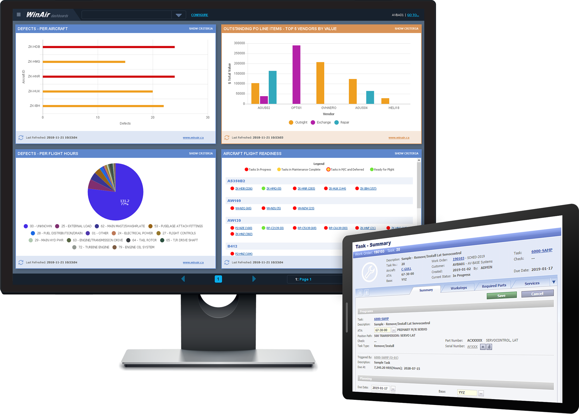 WinAir Dashboards Displayed on Desktop and Task Card Summary displayed on Tablet