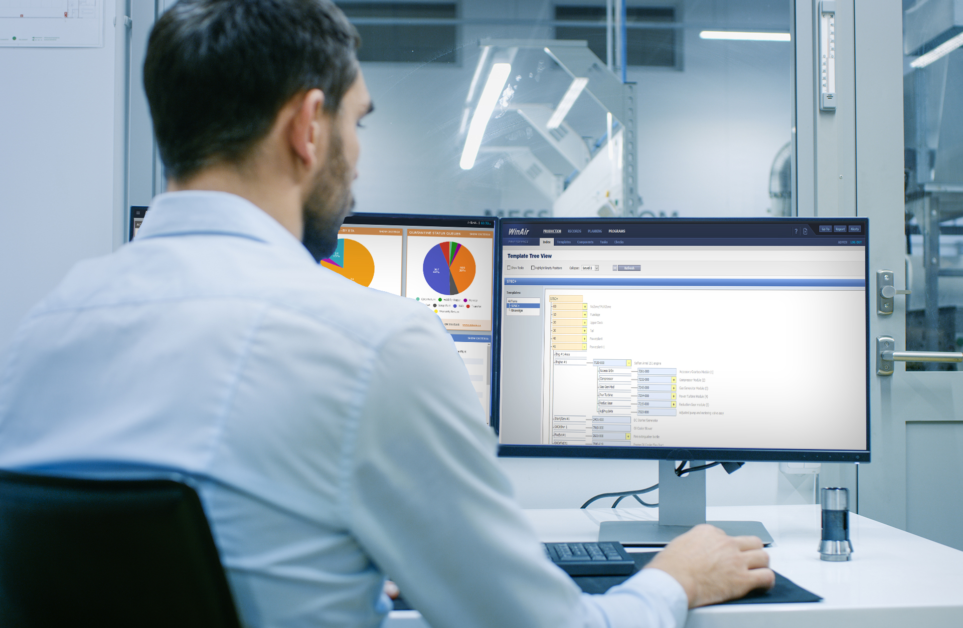 An employee views WinAir Dashboards and a Sikorsky S-76 Helicopter Template Tree View on Dual Computer Monitors