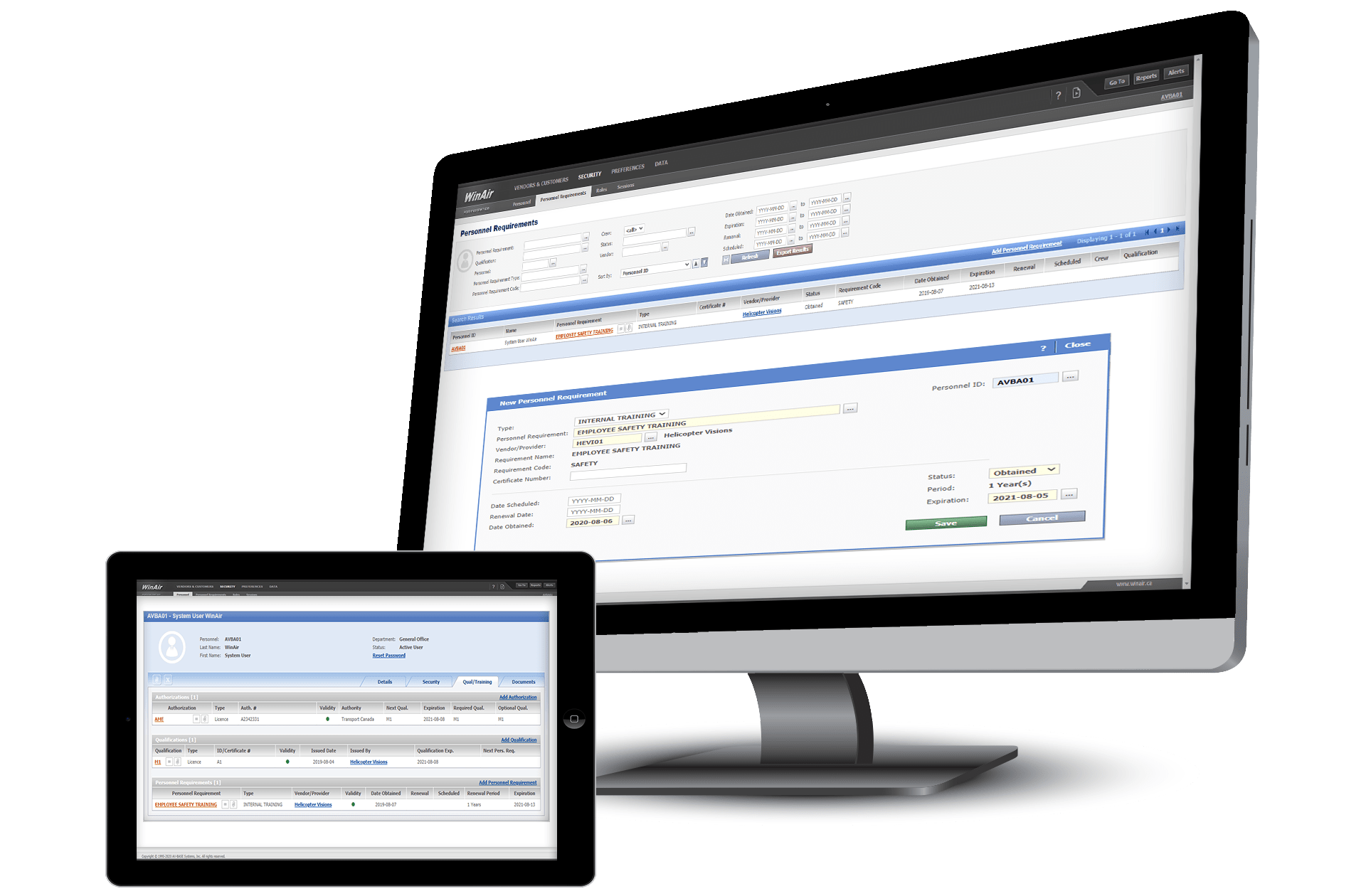 WinAir’s Training and Qualification Enhancement for WinAir Version 7 displayed on a tablet and a desktop computer