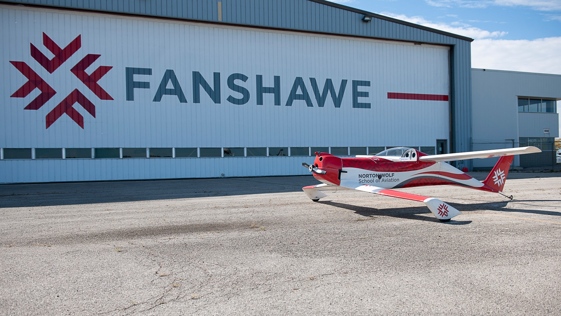 The outside of the maintenance hangar at Fanshawe College’s Norton Wolf School of Aviation Technology