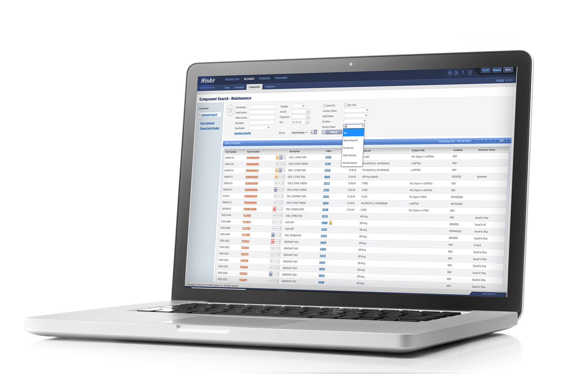 WinAir Maintenance Records Component Search screen with warranty information displayed on a laptop computer