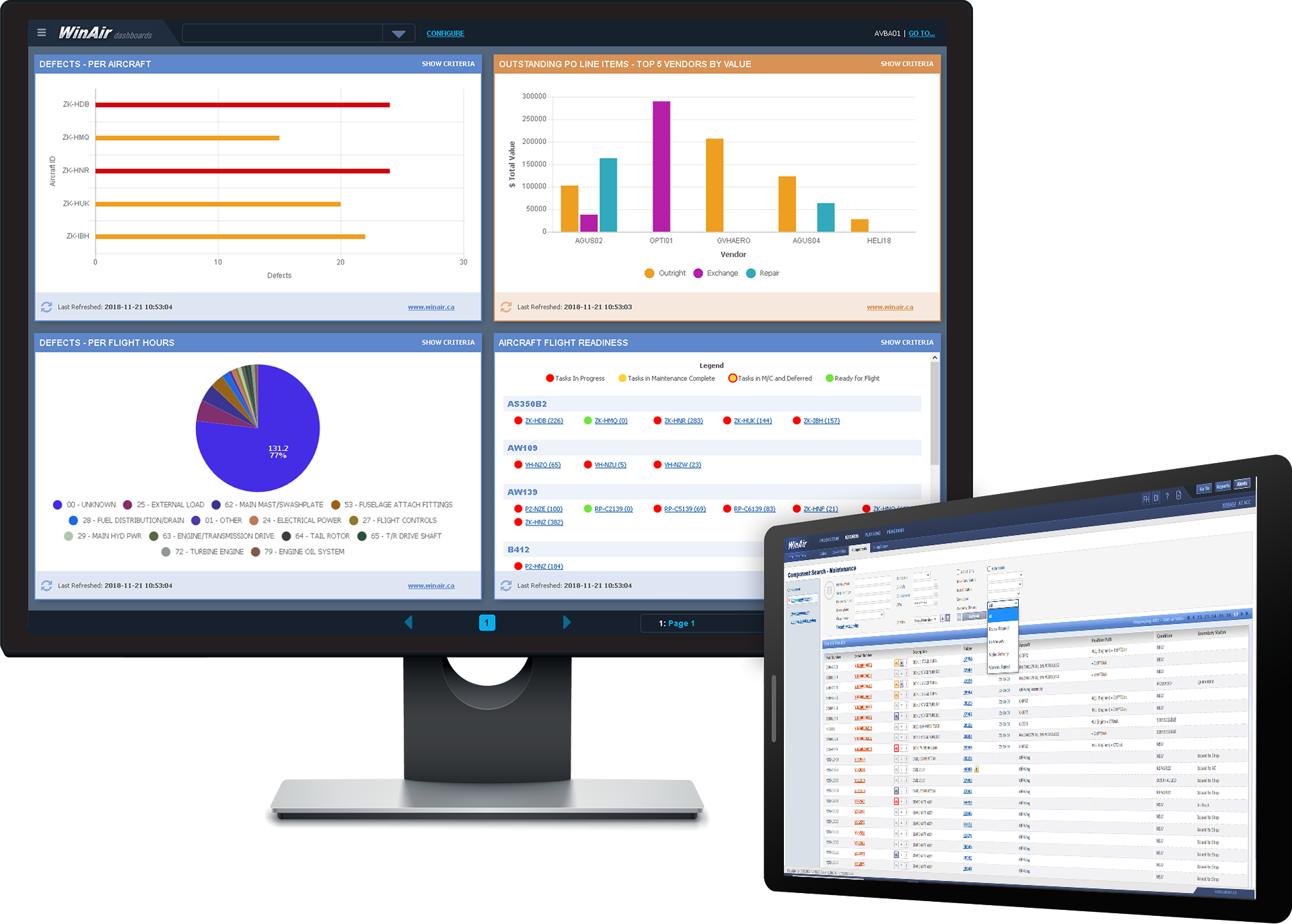 WinAir Dashboards Displayed on Desktop and Maintenance Warranties Information Displayed on Tabletr